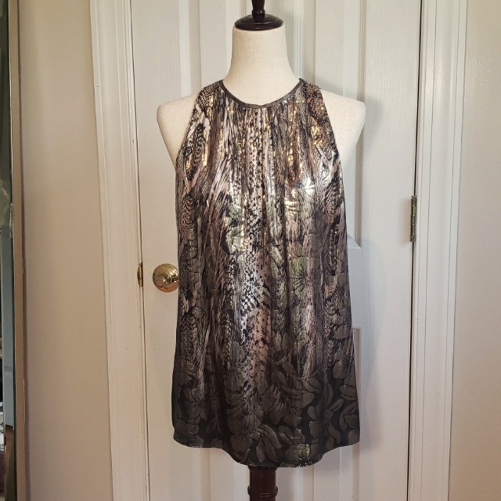 Elie Tahari Gigi Silk Metallic Blouse  Fine Chain Fringe Size S